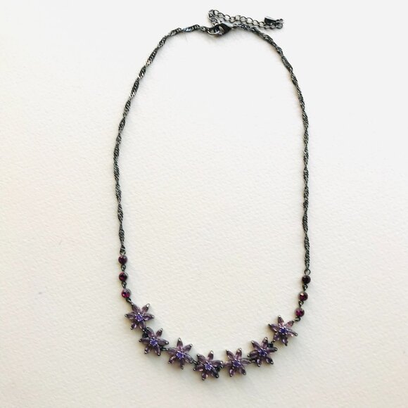 Vintage Dark Silver Necklace & Earrings Set w/ Faux Amethyst Flowers - Picture 3 of 5